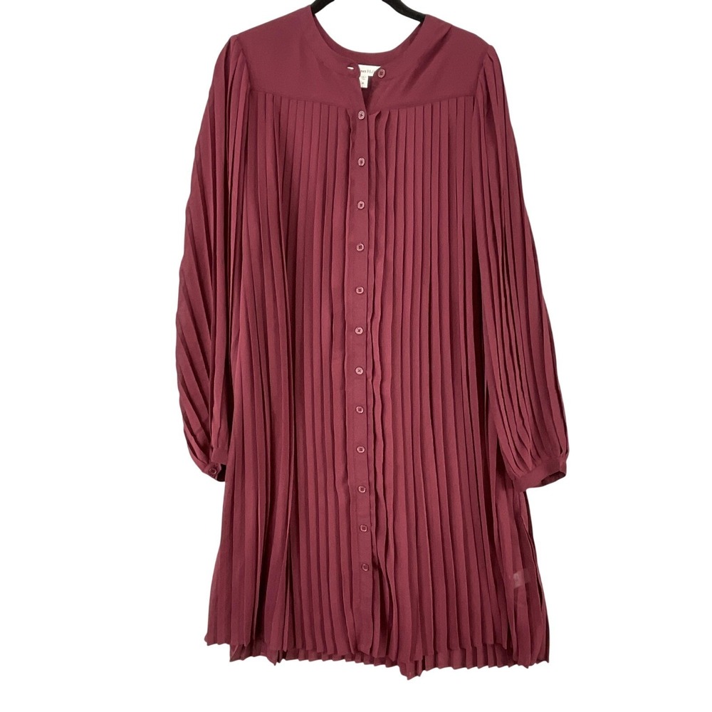 Garnet Hill Shirt Dress Womens M Red Trapeze Swing Pleated Sheer UnLined Chiffon